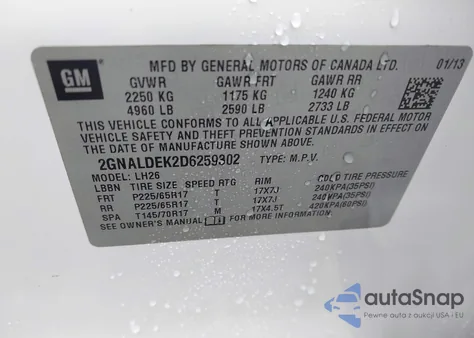 2013 Chevrolet Equinox 1Lt from USA, damaged, VIN 2GNALDEK2D6259302